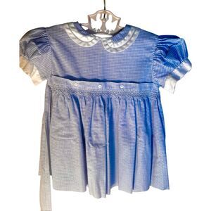 VINTAGE BLUE GINGHAM BABY DRESS SIZE 9-12M Handmade Perfect